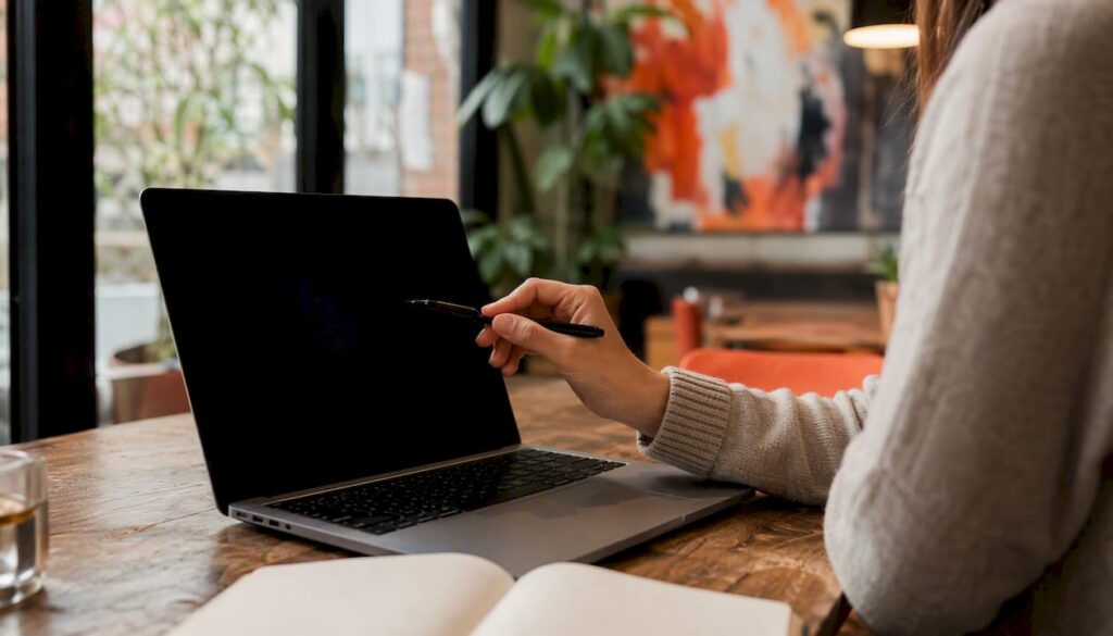 Workspace with stylus near laptop on desk