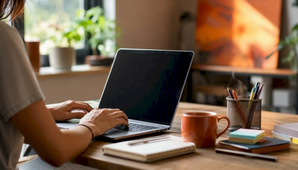 Hands typing on laptop in warm workspace