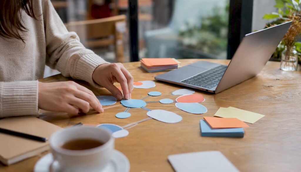 Hands arranging keyword cloud printouts on desk