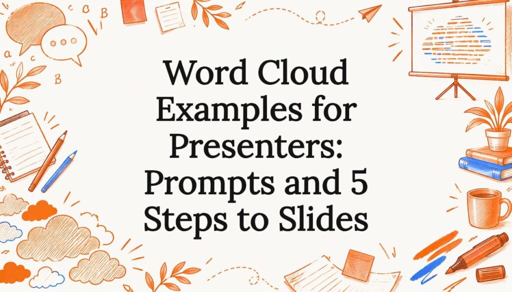 Hand-drawn word cloud and presentation motifs