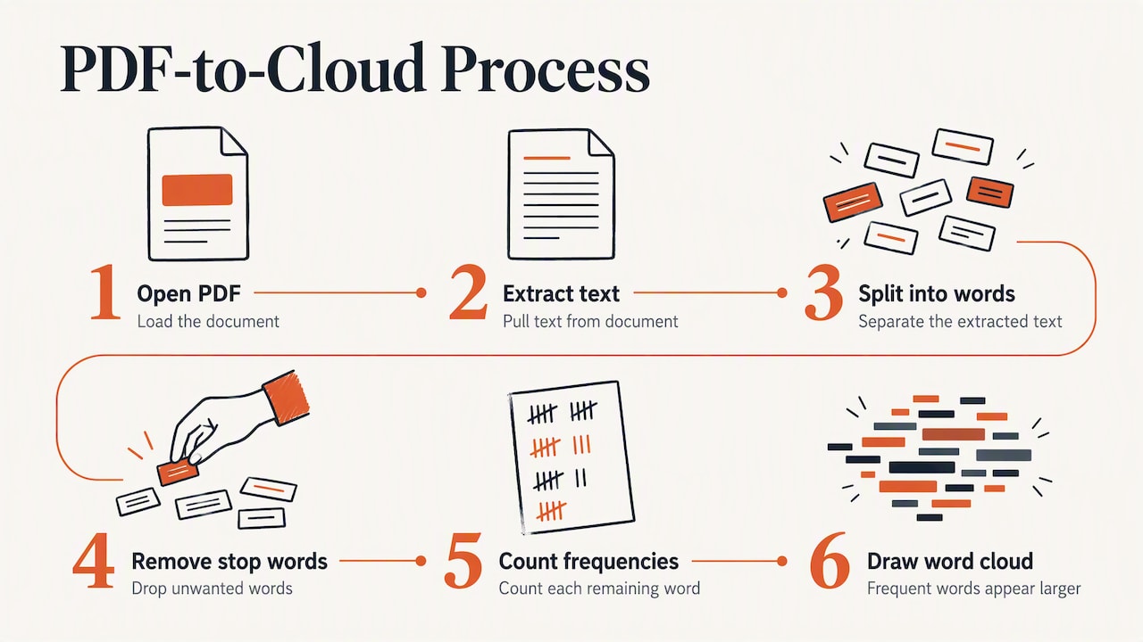 Six stages from PDF text to word cloud